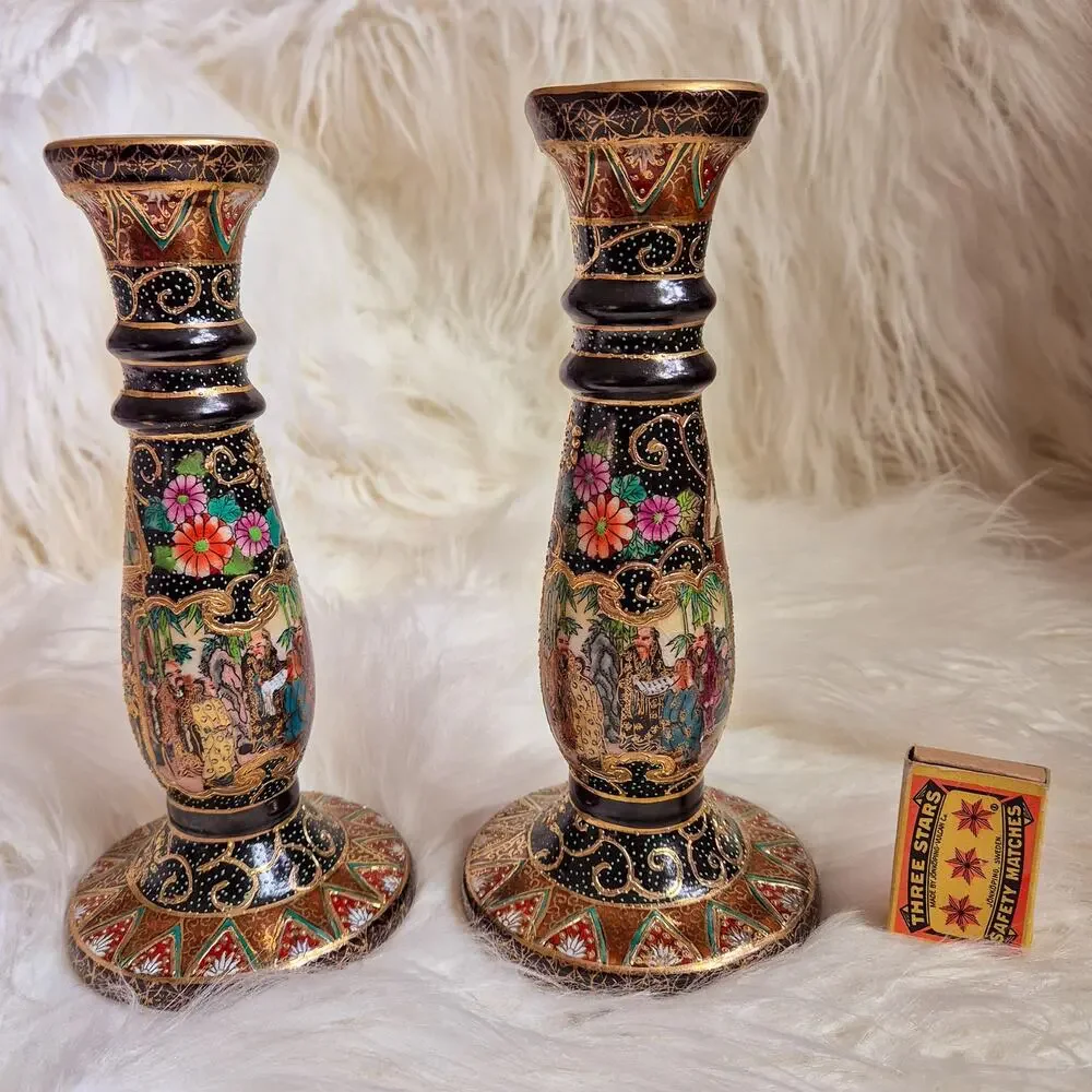 Vintage Handpainted Chinese Scholar Satsuma-style Porcelain Candlesticks